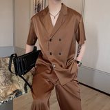 Bonsir Summer Sets Men Fashion Double Breasted Short Sleeve Shirt/Trousers Two Piece Set Men Korean Loose Ice Silk Sets Mens Formal Set