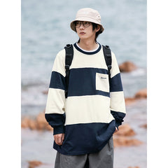 Bonsir Men Striped Hoodies Oversized Sweatshirt Harajuku Pullovers Neutral Korean Fashion Couples Matching Pocket Long Sleeve Tops