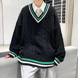 Bonsir Winter V-neck Sweater Men New Patchwork Color Knitted Sweater Pullover Harajuku Couple Streetwear Loose Knitwear Oversized 2XL