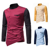 Bonsir New Shirts For Men Long Sleeve Lrregular Diagonal Button Contrast Henry Collar Shirts Personality Mens Top Clothes Wedding Shirt