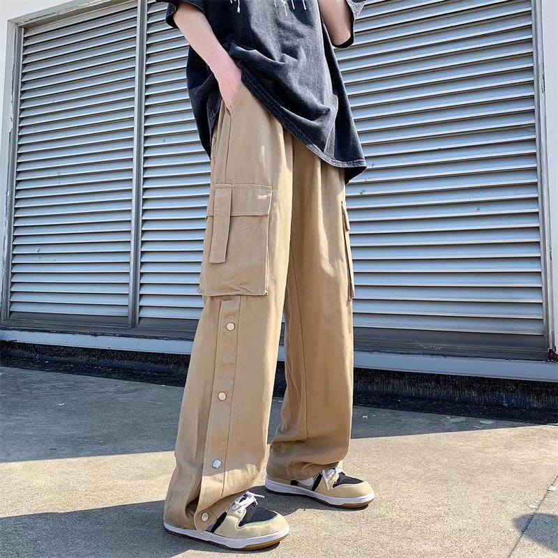 Bonsir  New Men Cotton Cargo Pants Harajuku Style Straight Casual Pants for Men  Solid Big Pockets Loose Wide Leg Design Trousers