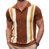 Bonsir Vintage Striped Patchwork Men's Knit Polo Shirt 2023 Spring Summer Casual Short Sleeve Lapel Button Tee Tops Men Clothes Fashion