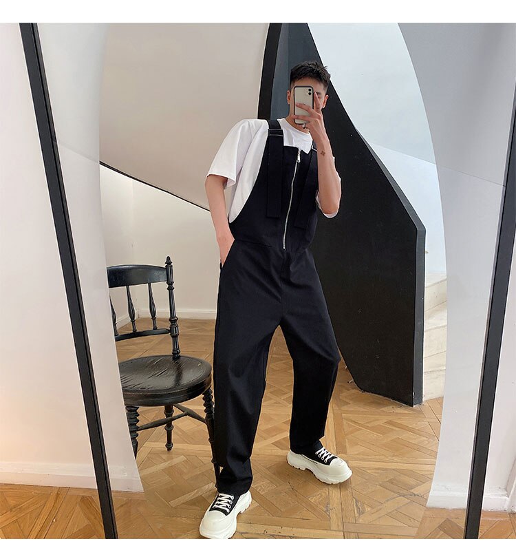 Bonsir Men's Loose Casual Overalls Pants Men Korean Japan Korean Streetwear Fashion Black White Bib Pant Male Cargo Jumpsuit Trousers