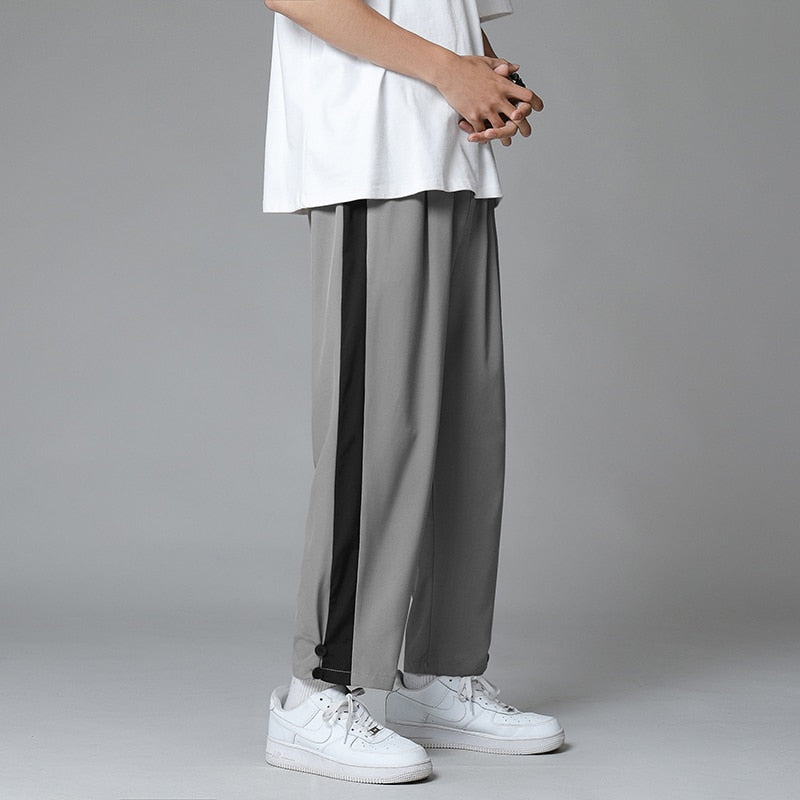 Bonsir Ice Silk Pants Men's Thin Korean Stripe Nine Cent Fashion Loose Straight Sports Hip Pop Casual Pants Male