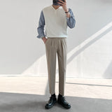 Bonsir Men's Loose Knit Stitched Long Sleeve Stripe Shirts Fashion Trend Lapel Collar Black/white/khaki Color Shirts Size S-XL