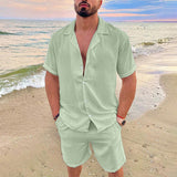 Bonsir Solid Color Cotton Linen Hawaiian Shirt Set Men Summer New Vacation Fashion Lapel Casual Short Sleeve Top Shorts 2pcs Set