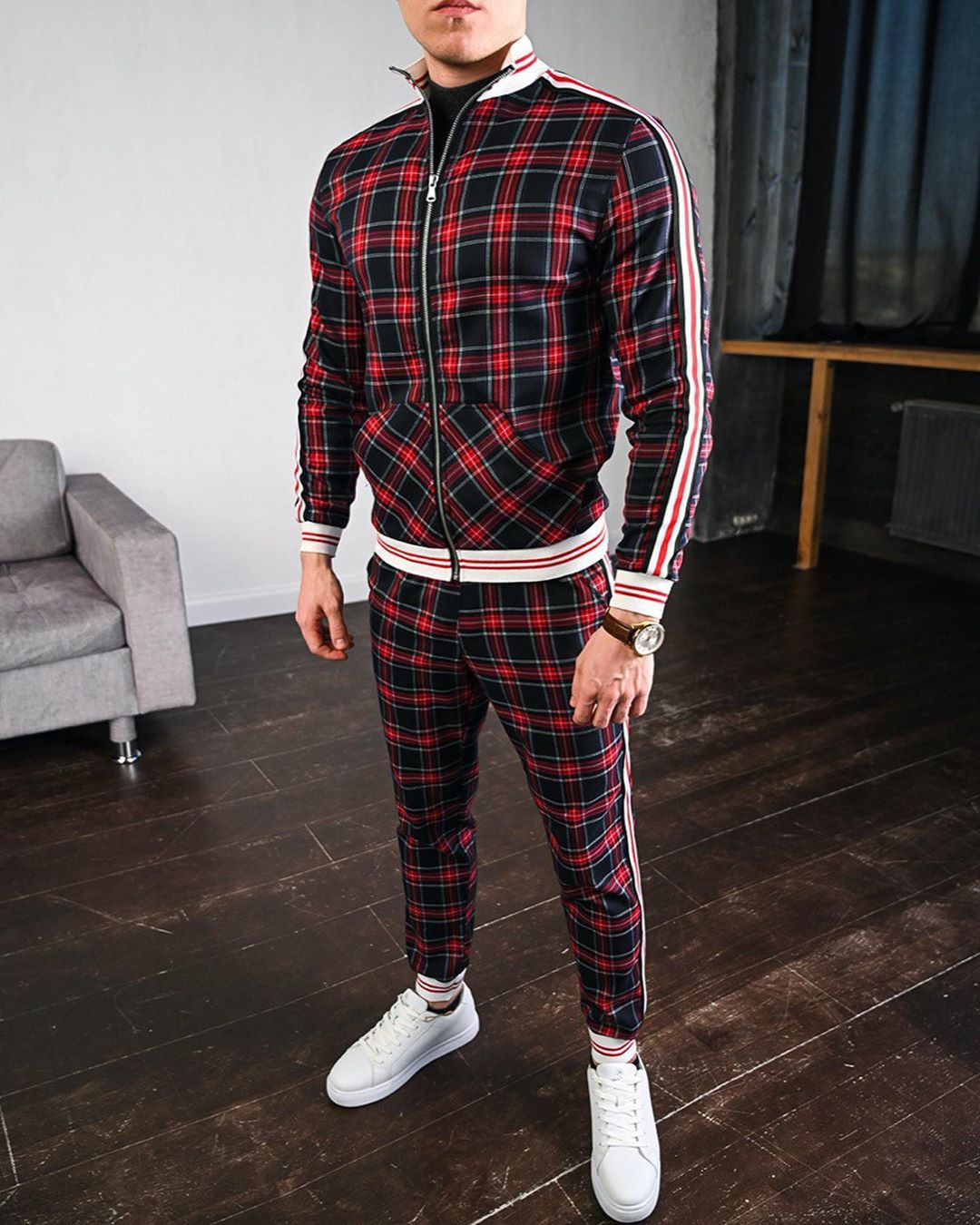 Bonsir New men's tracksuit Fashion Plaid Man Sets Trendy Brand Casual Sportswear Spring Autumn Jacket + Pants 2 Piece Set 3D Print