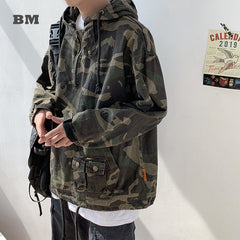 Bonsir Korean Style Hip Hop Military Camouflage Hoodie High Quality Streetwear Tactical Jacket Men Pullover Harajuku Tops Kpop Clothes