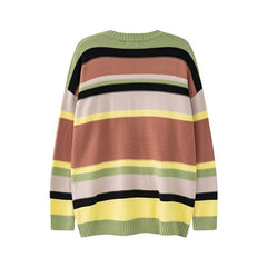 Bonsir Color Match Letter Striped Pullover Crew Neck Men's Sweater Loose Retro High Street Knitted Patchwork Couple Winter Clothes