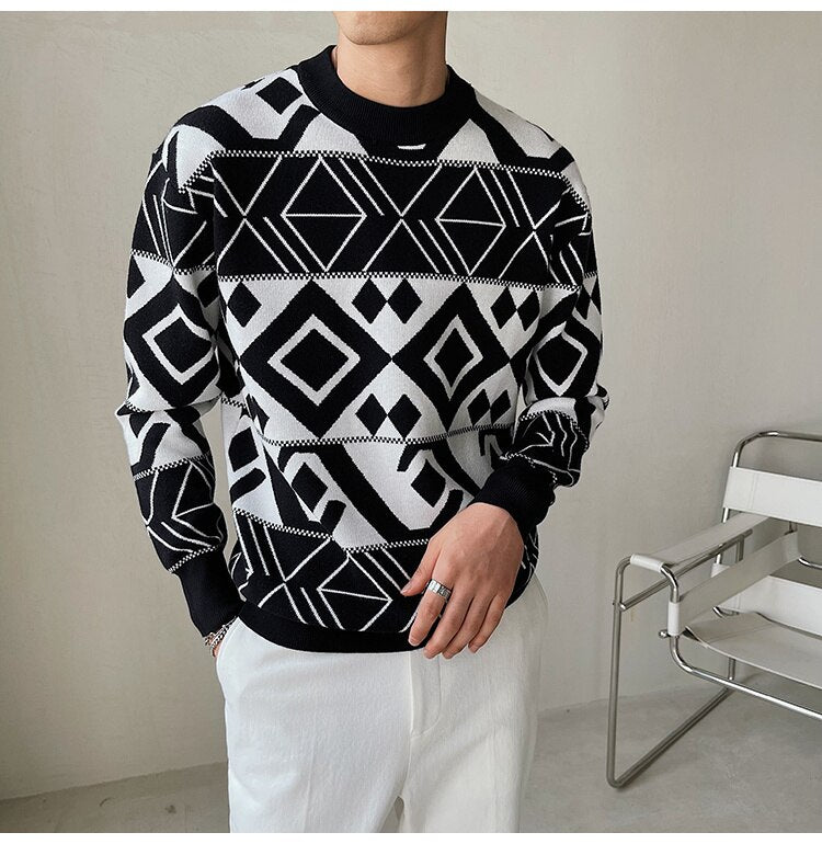 Bonsir  Korean Style Fashion Diamond Printing Sweater Mens Pullover Sweater Pull Homme Autumn Sweater For Men Knitted Round Neck Sweater