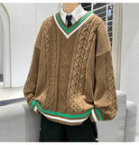 Bonsir Winter V-neck Sweater Men New Patchwork Color Knitted Sweater Pullover Harajuku Couple Streetwear Loose Knitwear Oversized 2XL