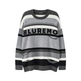 Bonsir Color Match Letter Striped Pullover Crew Neck Men's Sweater Loose Retro High Street Knitted Patchwork Couple Winter Clothes