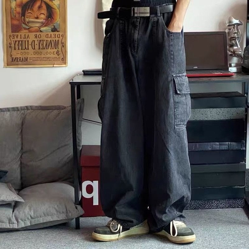 Bonsir Baggy Jeans Trousers Male Denim Pants Black Wide Leg Pants Men Jeans Oversize Cargo Korean Streetwear Hip Hop Harajuku