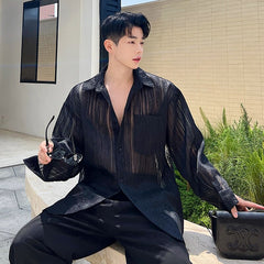 Bonsir Korean Style Transparent Men's Fashion Striped Shirts Summer Trendy Long Sleeve Mesh Tops New Perspective Clothing