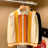 Bonsir Spring Autumn Knitting Polo Shirt Men Casual Turn-down Collar Button Fashion Color Stripe Slim Tops Ice Silk Knitting T-shirts