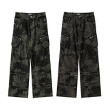 Bonsir Harajuku Zipper and Pockets Straight Wide Leg Camouflage Cargo Pants For Male Spliced Elastic Waist Baggy Casual Denim Trousers