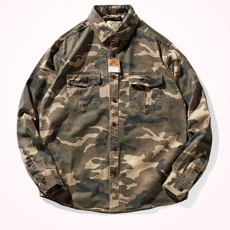 Bonsir Military Style Camouflage Shirt Men Spring Fall New Fashion Multi Pocket Cargo Blouse Vintage Casual Loose Versatile Cotton Tops