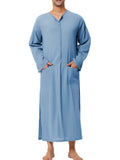 Bonsir Men's Long Sleeve Solid Color Loose Cotton Kaftan Middle Eastern Muslim Robe