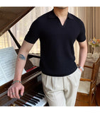 Bonsir Summer New V-neck Men's Solid Color Short-sleeved T-shirt British Slim Lapel Knitted Striped Casual  Polo Shirt