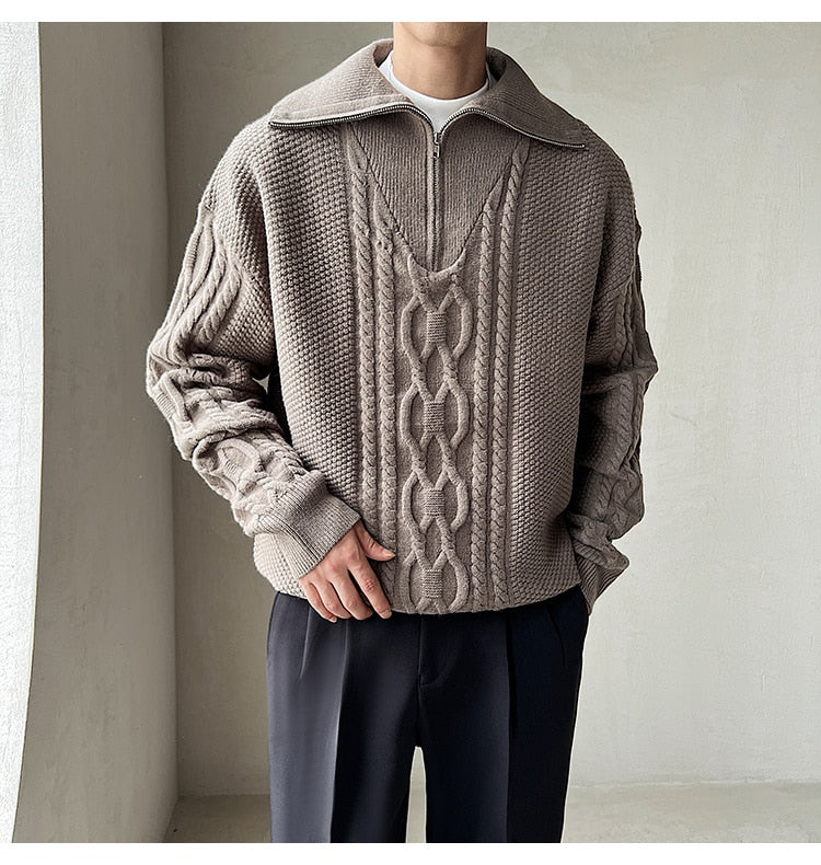 Bonsir High Quality Large Lapel Pullover Sweater Black White Coarse Zipper Knitted Sweater For Men Pull Homme Men Winter Sweater Brand