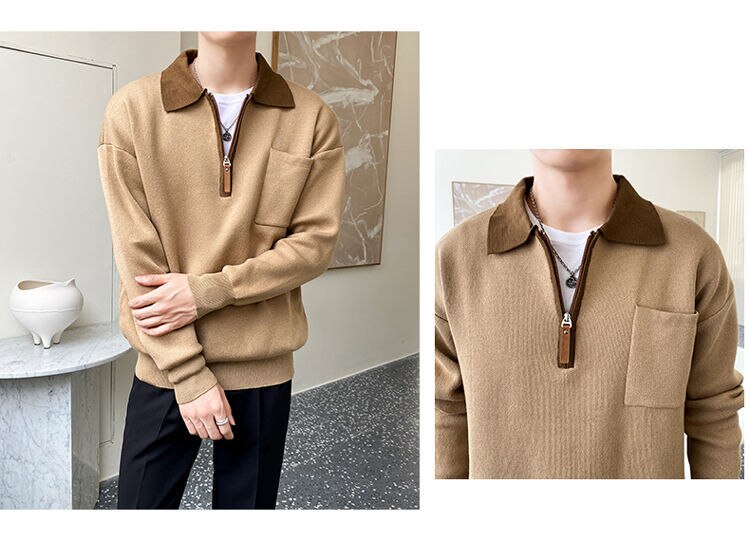 Bonsir Autumn New Knitted Sweater Men Business Casual Patchwork Polo Lapel Zipper Sweater Harajuku Mens Loose Japanese Pullove