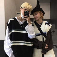 Bonsir Couples Knitted Sweater Vest Japanese Pullover Retro Men Korean Fashion Loose Stripe Loose Casual Harajuku V Neck Golf Vest Men