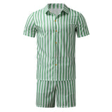 Bonsir Vacation Casual Shirt Set Men's Summer New Fashion Stripe Contrast Color Print Lapel Short Sleeve Top Shorts Two-piece Set