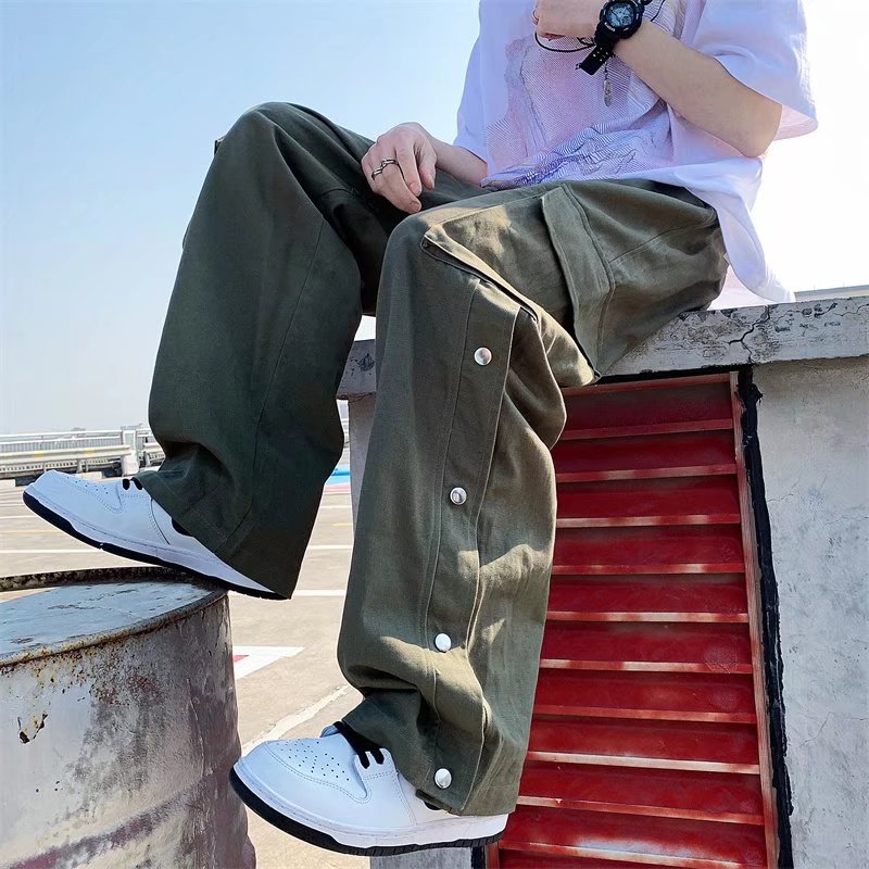 Bonsir  New Men Cotton Cargo Pants Harajuku Style Straight Casual Pants for Men  Solid Big Pockets Loose Wide Leg Design Trousers