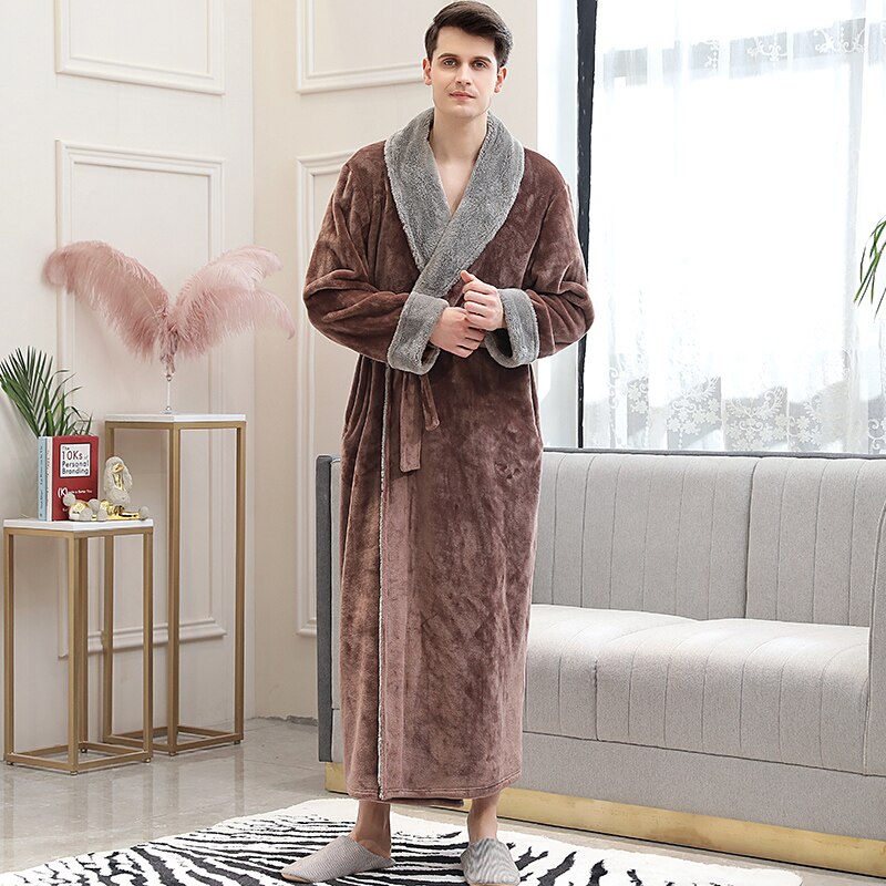 Bonsir Men Winter Plus Size Long Warm Coral Fleece Bathrobe Hooded Cozy Flannel Zipper Bath Robe Night Dressing Gown Women Sleepwear