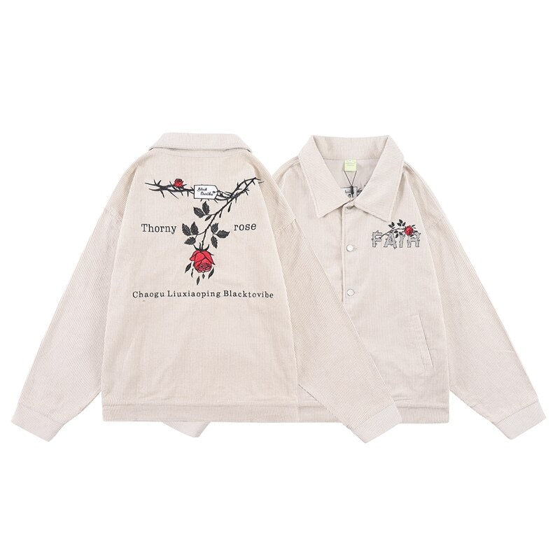 Bonsir Retro Harajuku Letter Floral Embroidery Thick Winter Clothes Men's High Street Solid Color Lapel Oversized Windbreaker Jackets