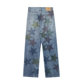 Bonsir High Street Color Stars Full Print Washed Jeans Pants Men's Straight Pocket Retro Patchwork Baggy Casual Denim Trousers Oversize