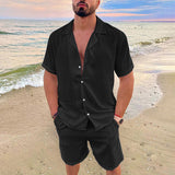 Bonsir Solid Color Cotton Linen Hawaiian Shirt Set Men Summer New Vacation Fashion Lapel Casual Short Sleeve Top Shorts 2pcs Set