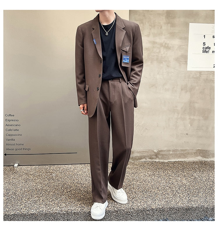 Bonsir Mens Suits Sets Jacket Pant Men Korean Streetwear Office Fashion Loose Casual Blazer Suit Jacket Pant Chic Trend Dress Suits