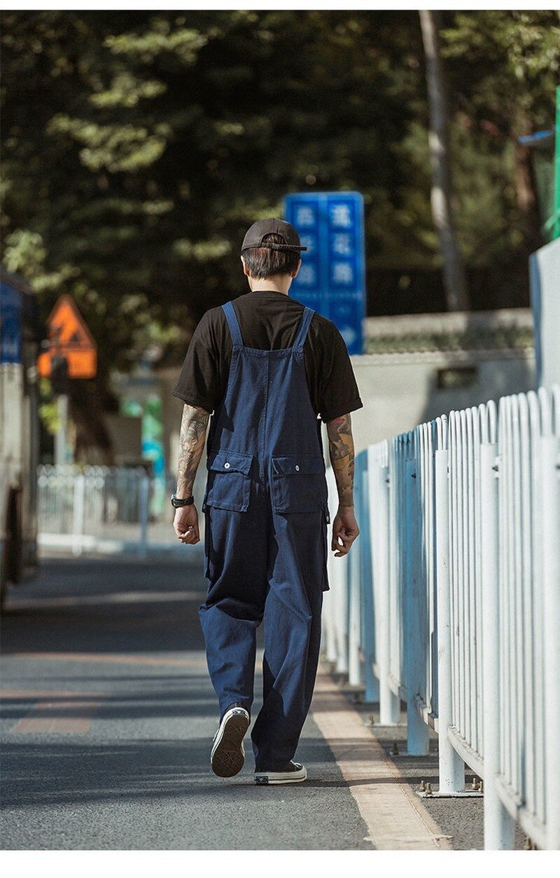 Bonsir Men's Retro Designer Overalls Workwear Sling Korean Loose Wide Leg Jumpsuit Streetwear Solid Color Men's Clothing