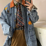 Bonsir Man Homemade Cowboy Coats Spring And Autumn Maple Leaf Embroidery Outerwear Bf Retro Loose Work Bomber Denim Jacket