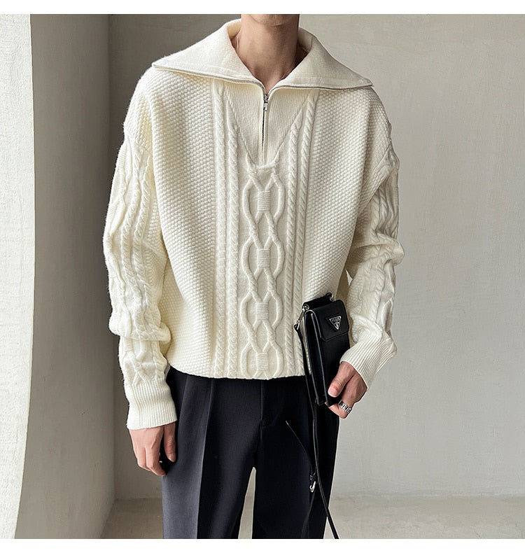 Bonsir High Quality Large Lapel Pullover Sweater Black White Coarse Zipper Knitted Sweater For Men Pull Homme Men Winter Sweater Brand