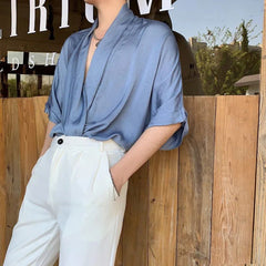 Bonsir Korean Version of Half-sleeved Satin Design Pullover V-neck Shirt Summer New Trendy Men's Beach Casual Holiday Lazy Style Tops