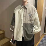 Bonsir Corduroy Shirt Men Vintage Splicing Top Oversized Long Sleeves Blouse Trend Fashion Streetwear Spring Autumn Y2K Male Clothes