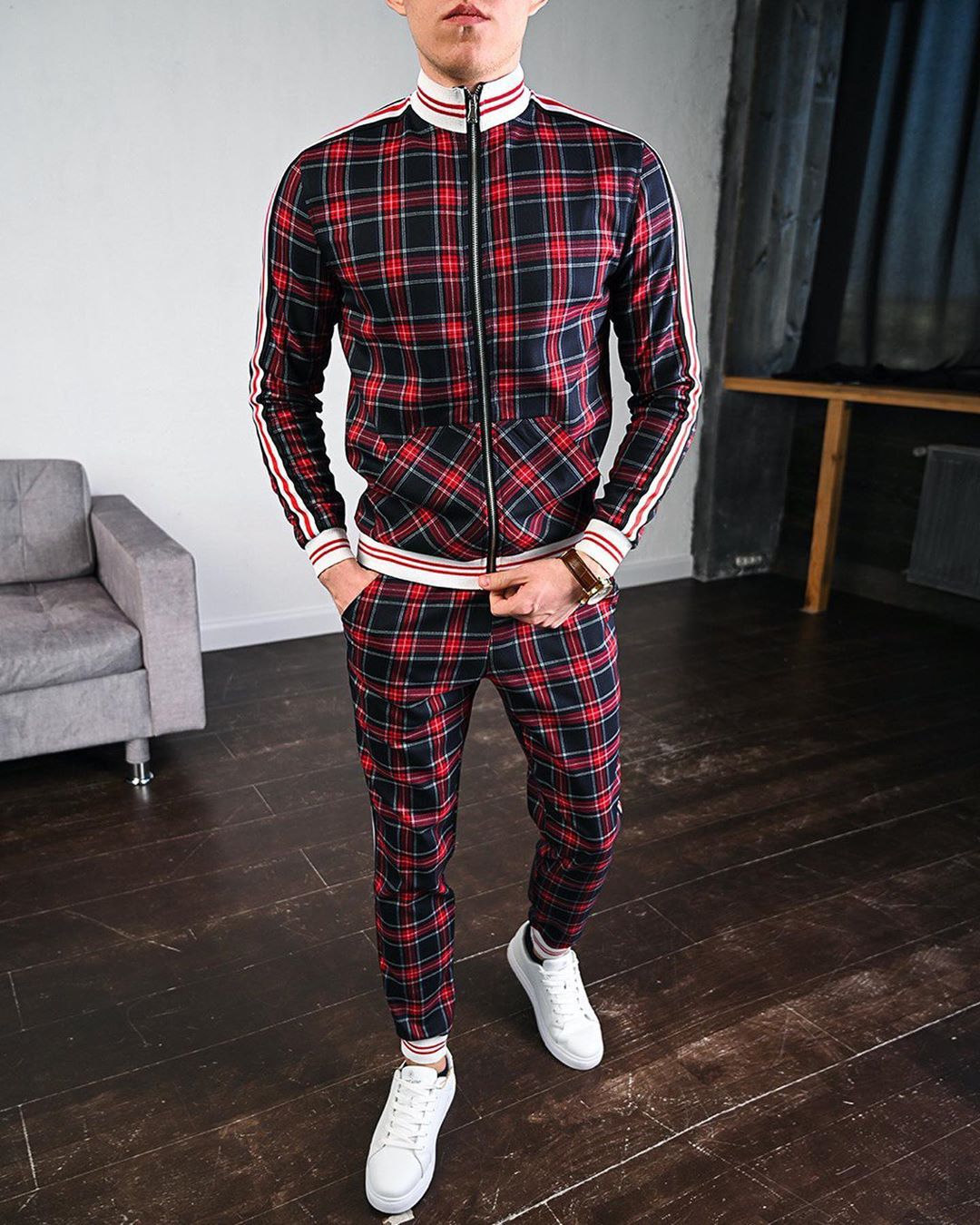 Bonsir New men's tracksuit Fashion Plaid Man Sets Trendy Brand Casual Sportswear Spring Autumn Jacket + Pants 2 Piece Set 3D Print