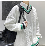 Bonsir Winter V-neck Sweater Men New Patchwork Color Knitted Sweater Pullover Harajuku Couple Streetwear Loose Knitwear Oversized 2XL