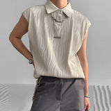 Bonsir Summer Fashion Wave Striped Ribbed Lapel Tank Tops Mens Streetwear Vintage Solid Color Loose Sleeveless Button Vest Men Camisole