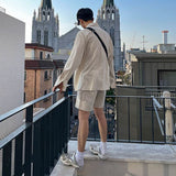 Bonsir Summer Men's Suit Solid Color Two-piece Sets Lapel Long Sleeve Shirt Elastic Waist Shorts 2023 Korean New Fashion