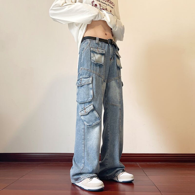 Bonsir Men Blue Cargo Jeans Hip Hop Patchwork Multi Pockets Buttons Ca –  bonsir