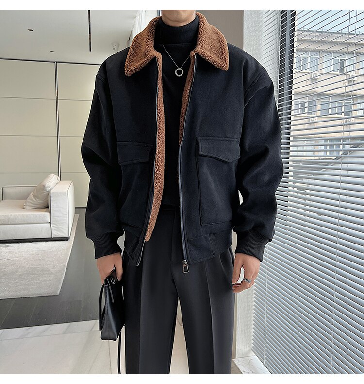 Bonsir Winter Men Lamb Fur Inner Fashion Loose Casual Vintage Short Cargo Jacket Male Japan Korean Streetwear Coat Outerwear