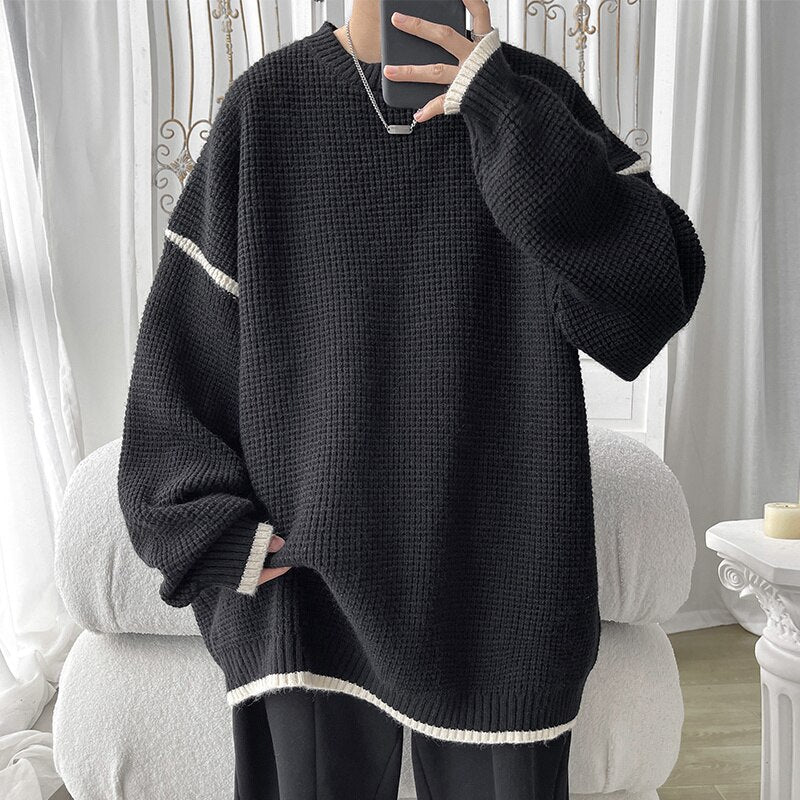 Bonsir Harajuku Casual Men Sweaters Streetwear Round Neck Winter Man Oversized Knitted Pullovers Korean Unisex Versatile Tops