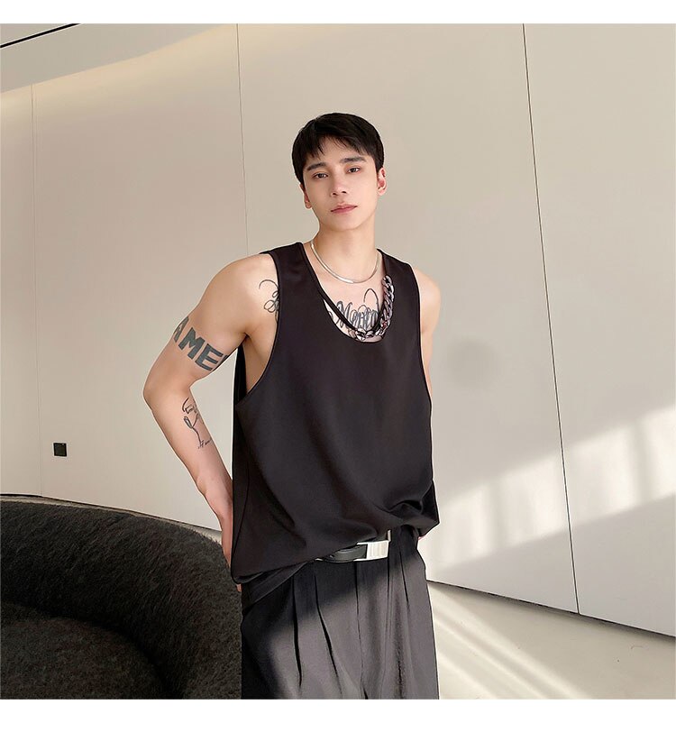 Bonsir Spring Summer Round Collar Chain Casual Sleeveless Vest Korean Style Personality Design Fashion Slim Top Tank Top