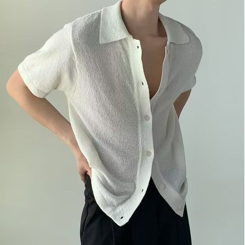 Bonsir Casual Knit Thin Shirts Men Summer Short Sleeve Turn-down Collar Buttoned Solid Shirt Leisure Mens Clothes Vintage Knitting Tops