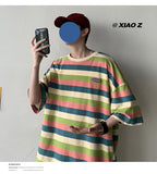 Bonsir Casual T-shirts All-match Fashion Rainbow-colored Contrasting Loose Tops Classic Five-point Sleeves O-neck Men Clothes Oversize