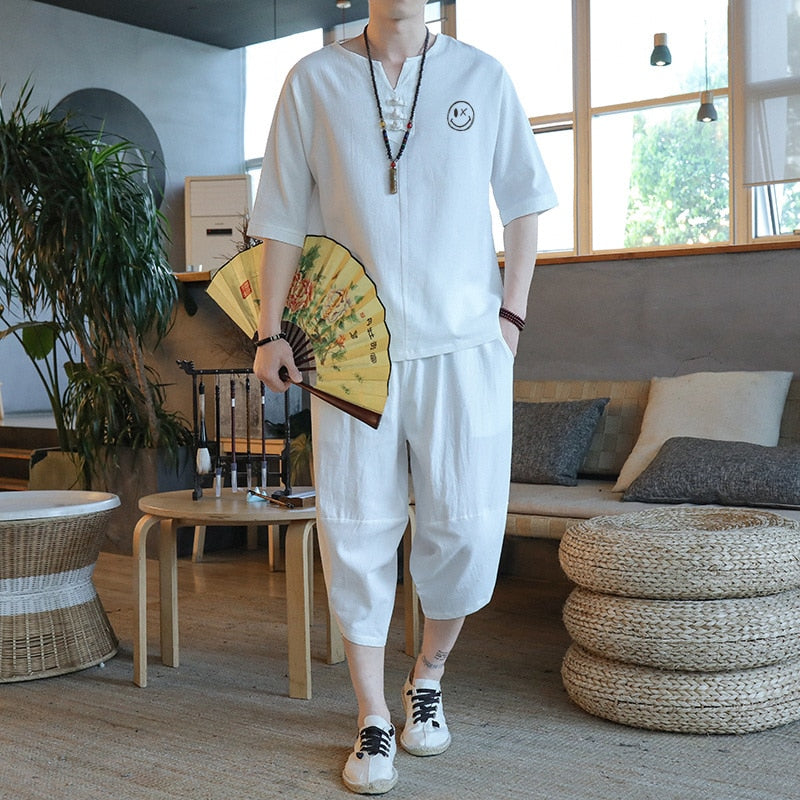 Bonsir Japanese Style Suits Kimono Short-Sleeved T-shirt Pants Two Piece Men Tops Trousers Male Japan Harajuku Yukata Cardigan Costume