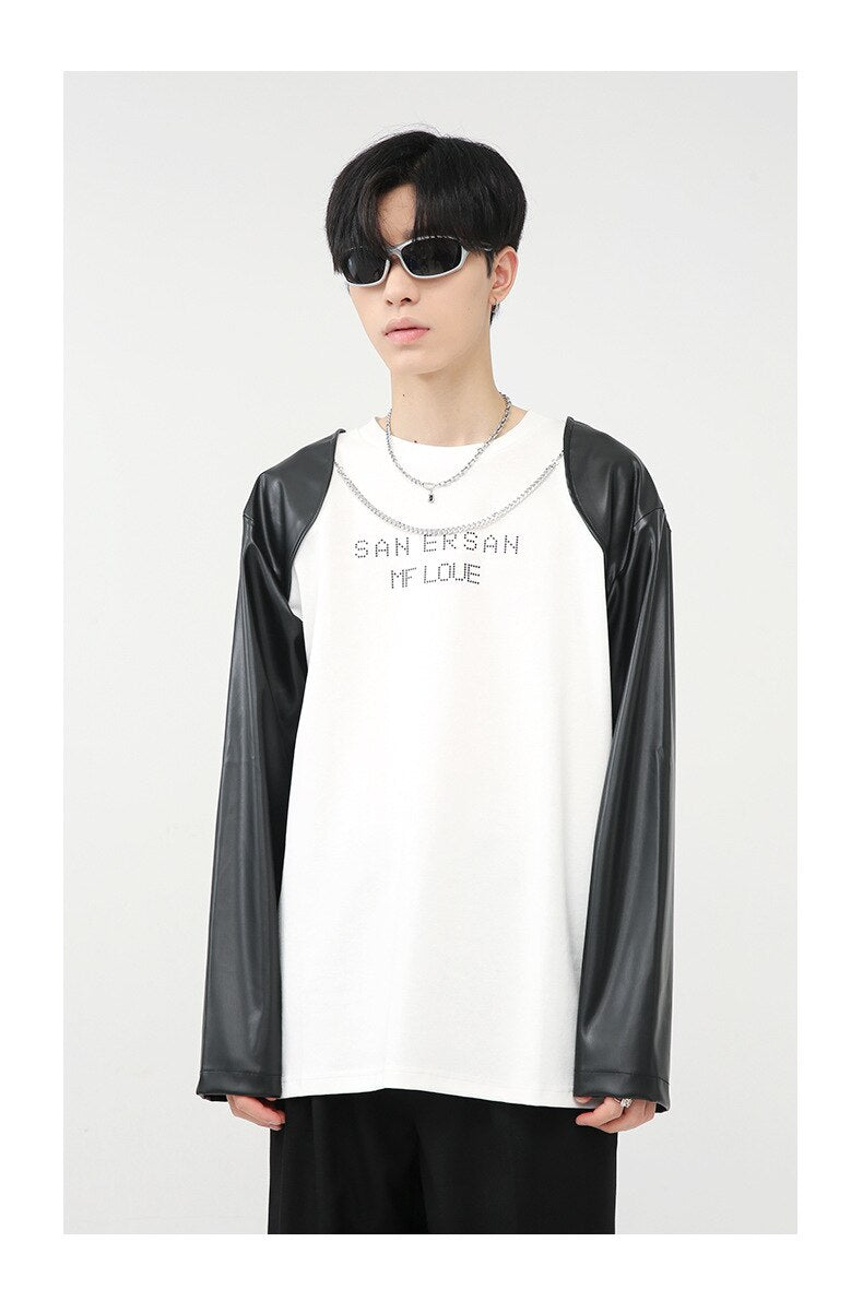 Bonsir Men Loose Letter Chain Splice Long Leather Sleeve T-shirt Male Women Korean Streetwear Fashion Hip Hop Tees Shirts Couple Tshirt